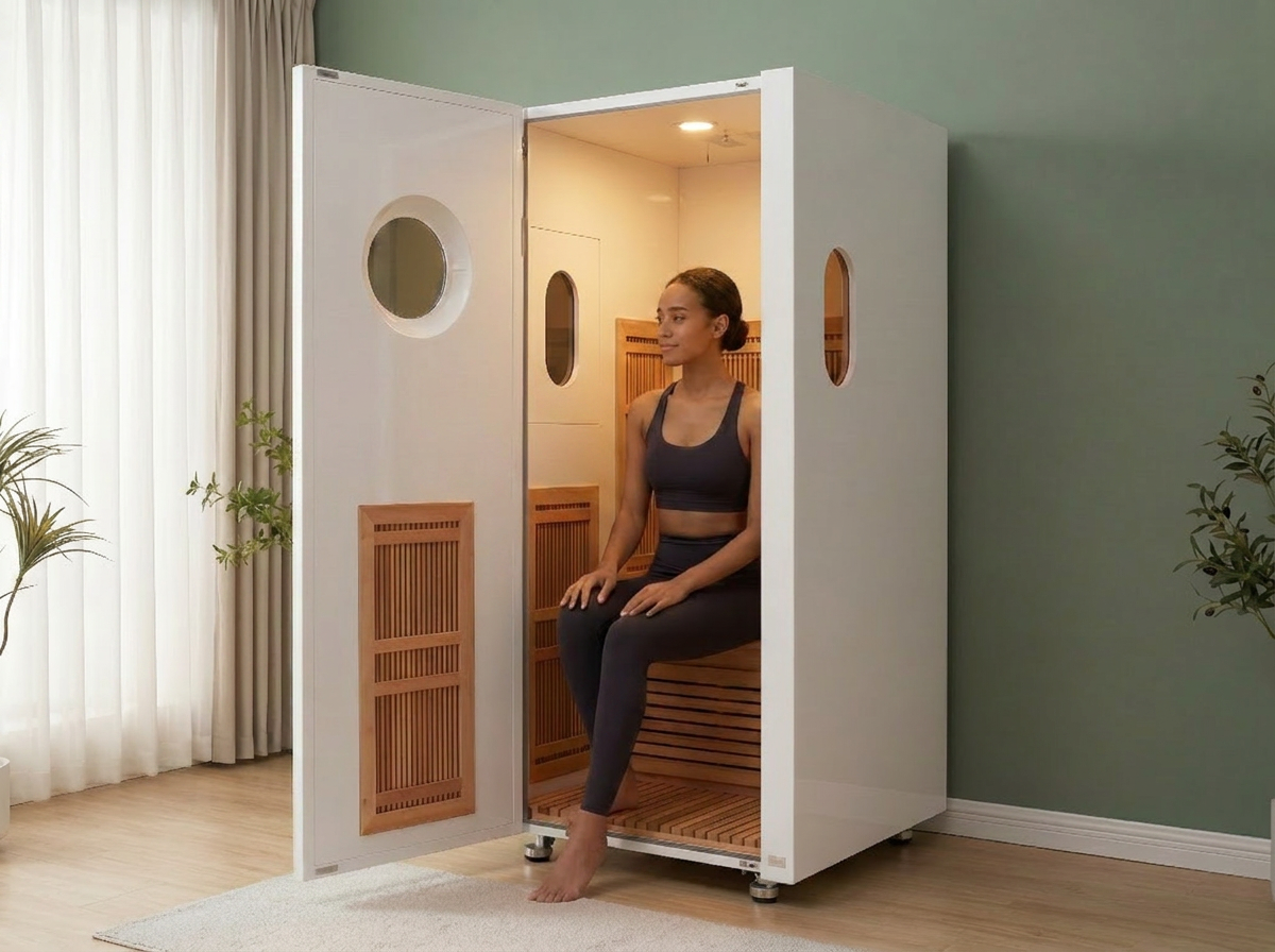 Woman relaxing inside the Graphene Pod with the door open, revealing the warm cedar interior