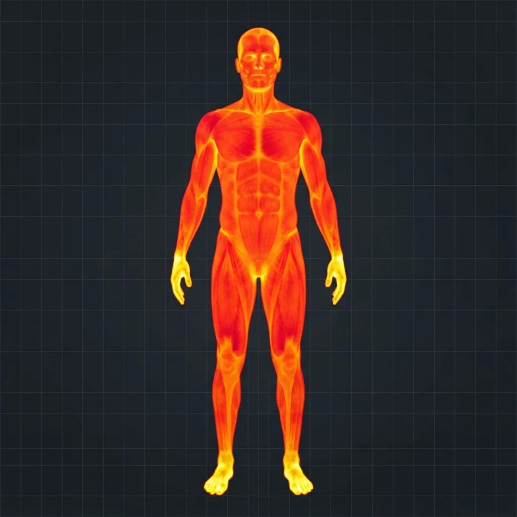 Full-body thermal scan showing warm, even blood circulation from head to feet